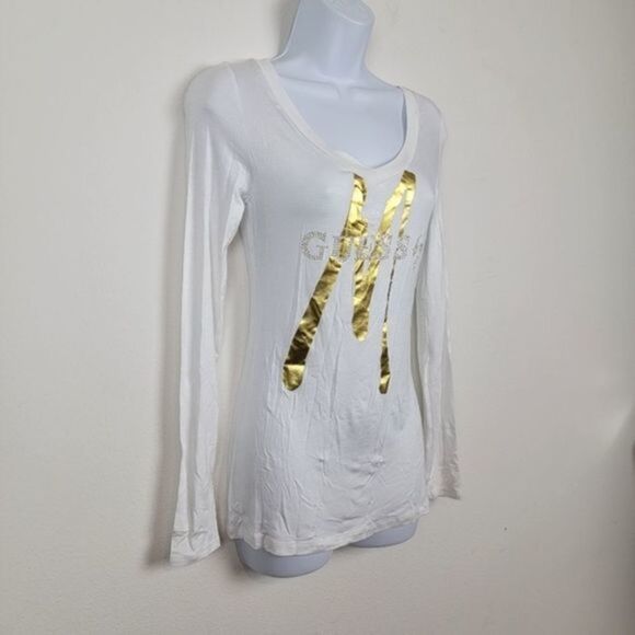 Guess by Marciano white gold vneck long sleeves shirt top size Medium - Picture 4 of 6